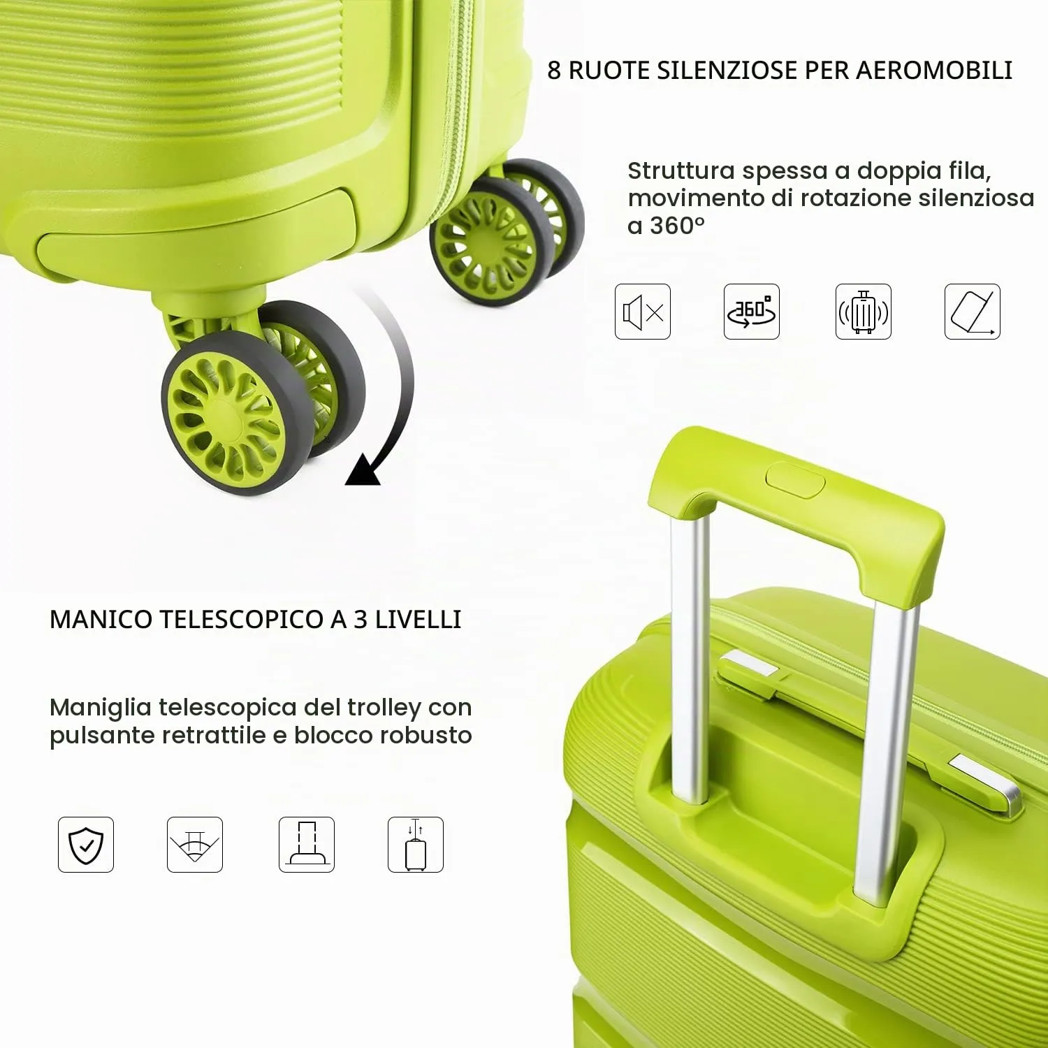 Kono Trolley Bagaglio a Mano 55cm 40L Verde rigido TSA