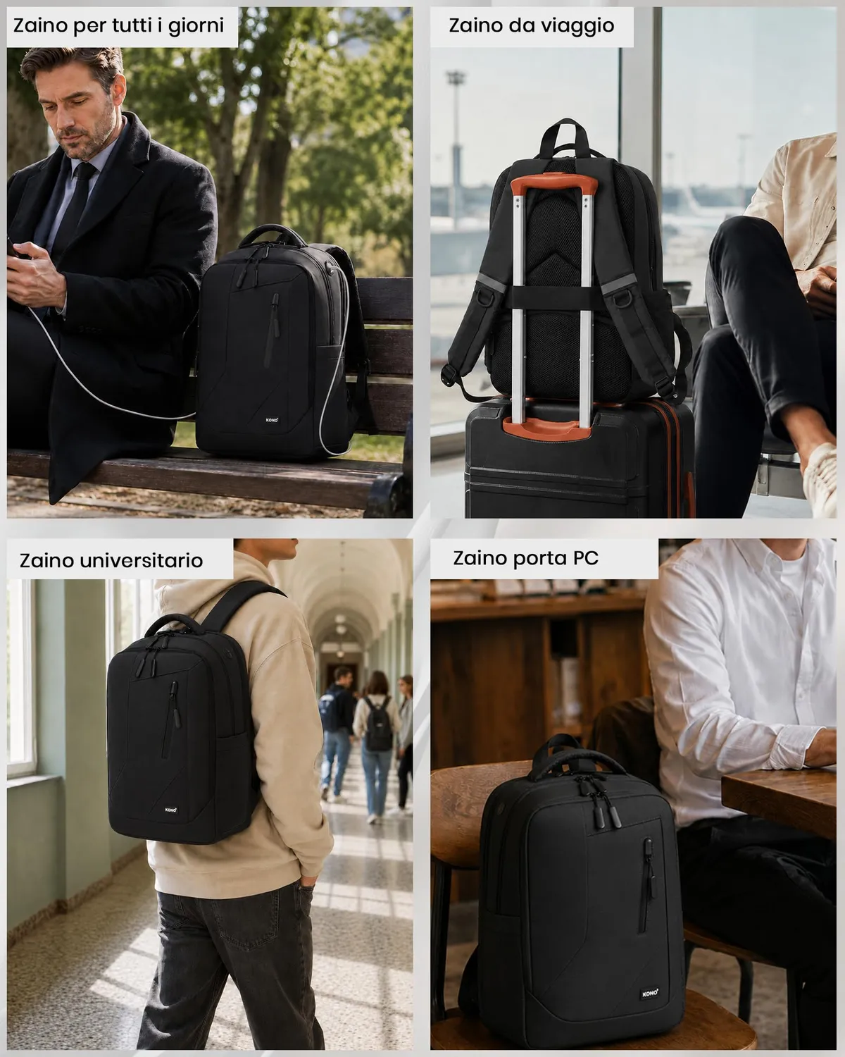 Kono zaino porta PC 15,6 pollici nero antifurto