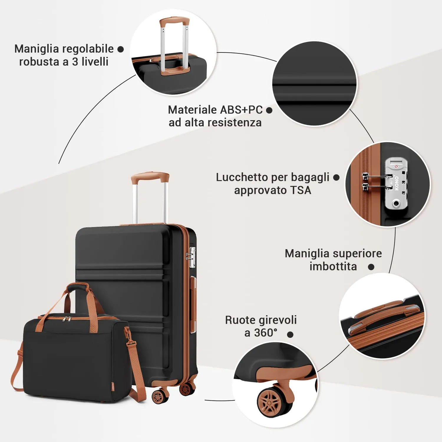 Kono Set 4 Valigie 55/66/75cm + Borsa 40x30x20 Nero