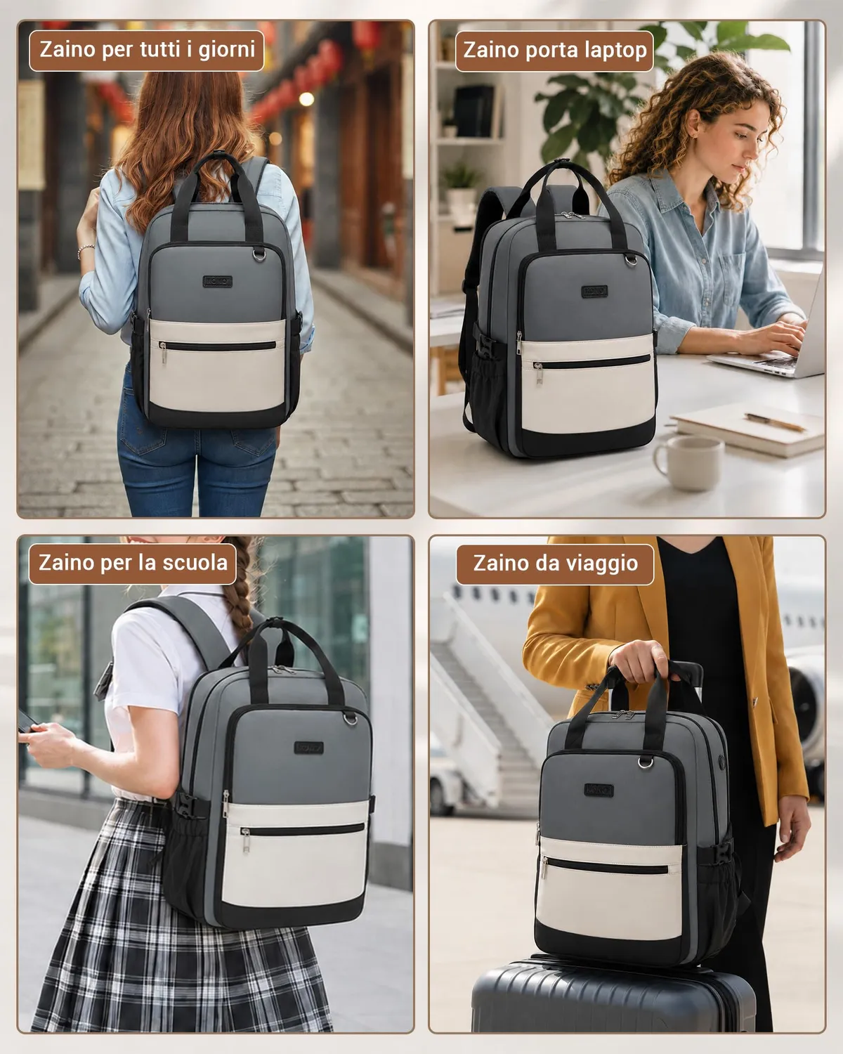 Kono zaino porta PC 15,6 pollici grigio/beige impermeabile