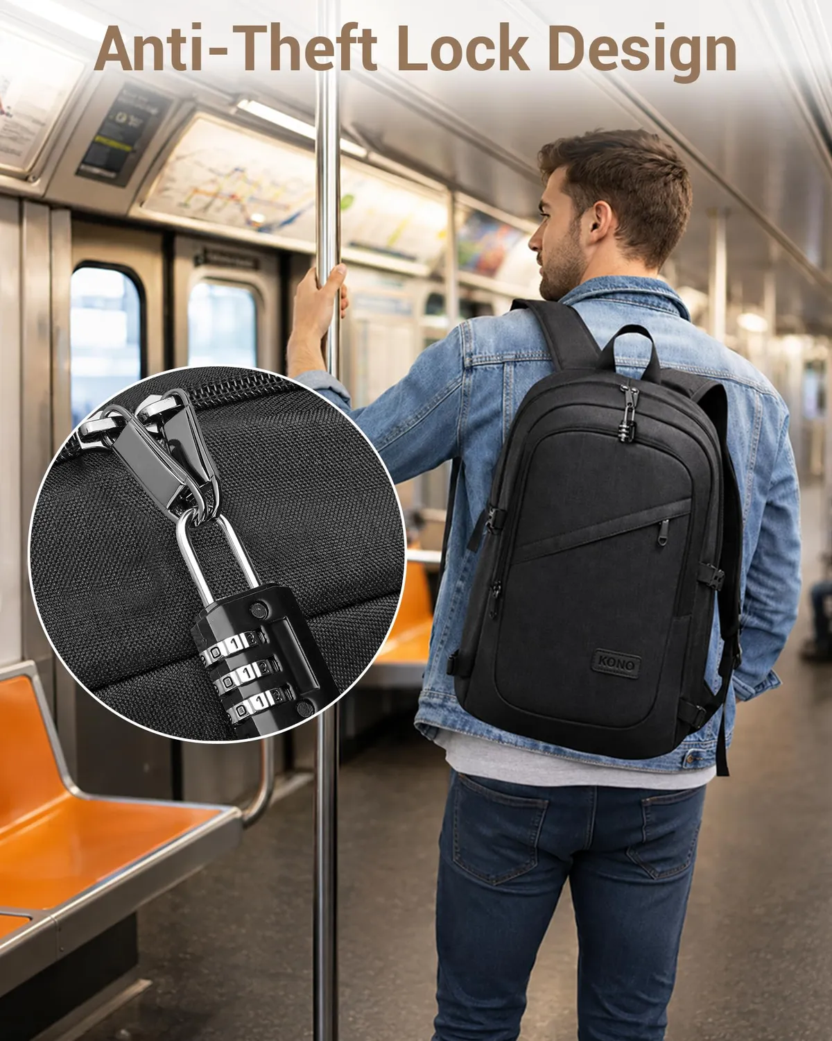 Kono Zaino Porta PC 15,6 Pollici Zaino Nero Antifurto USB