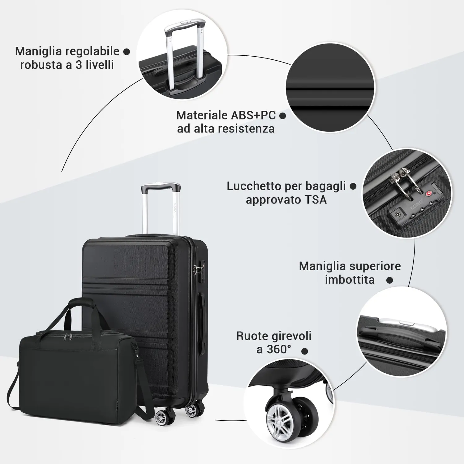 Kono Set 2 Valigia 55cm + Borsa 40x30x20 Nero Rigido