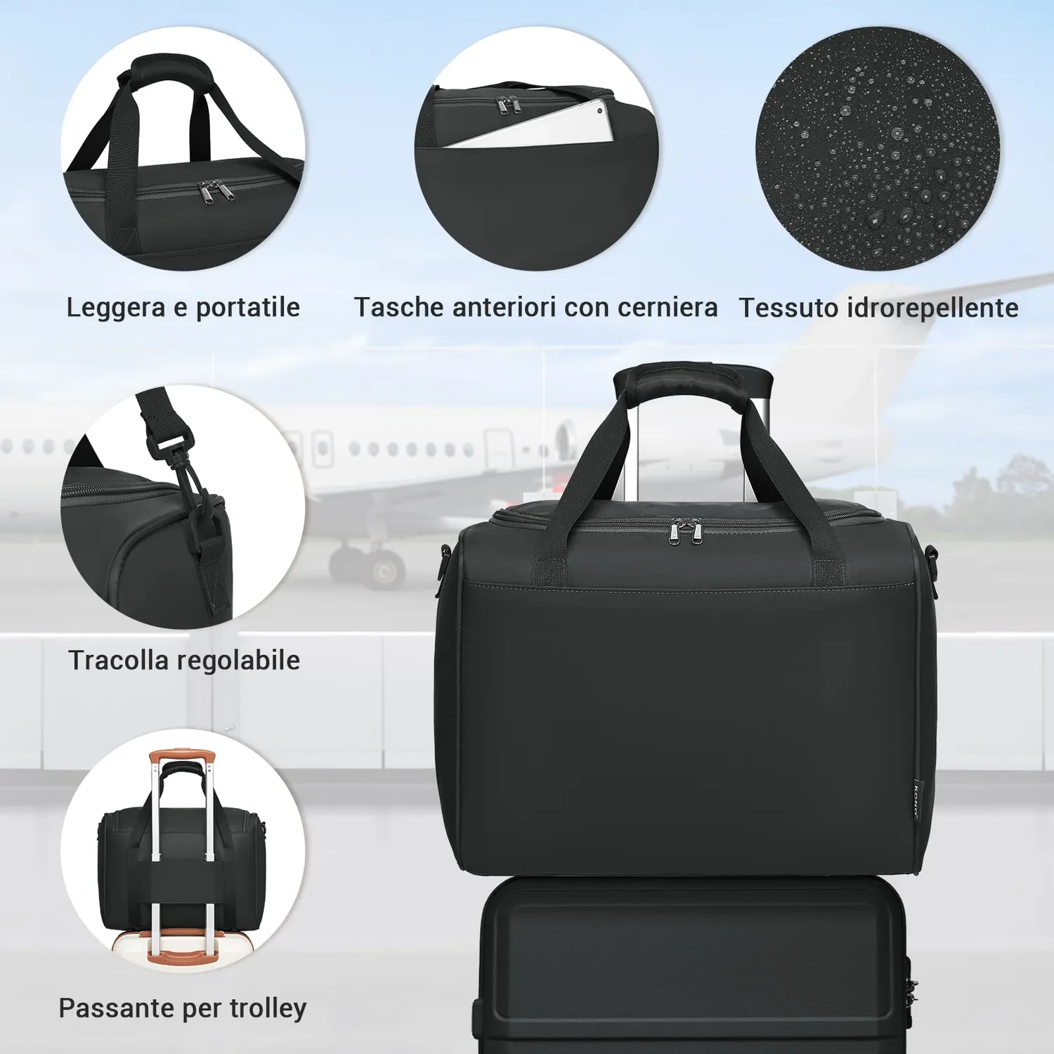 Kono Set 2 Valigia 55cm + Borsa 40x30x20 Nero Rigido
