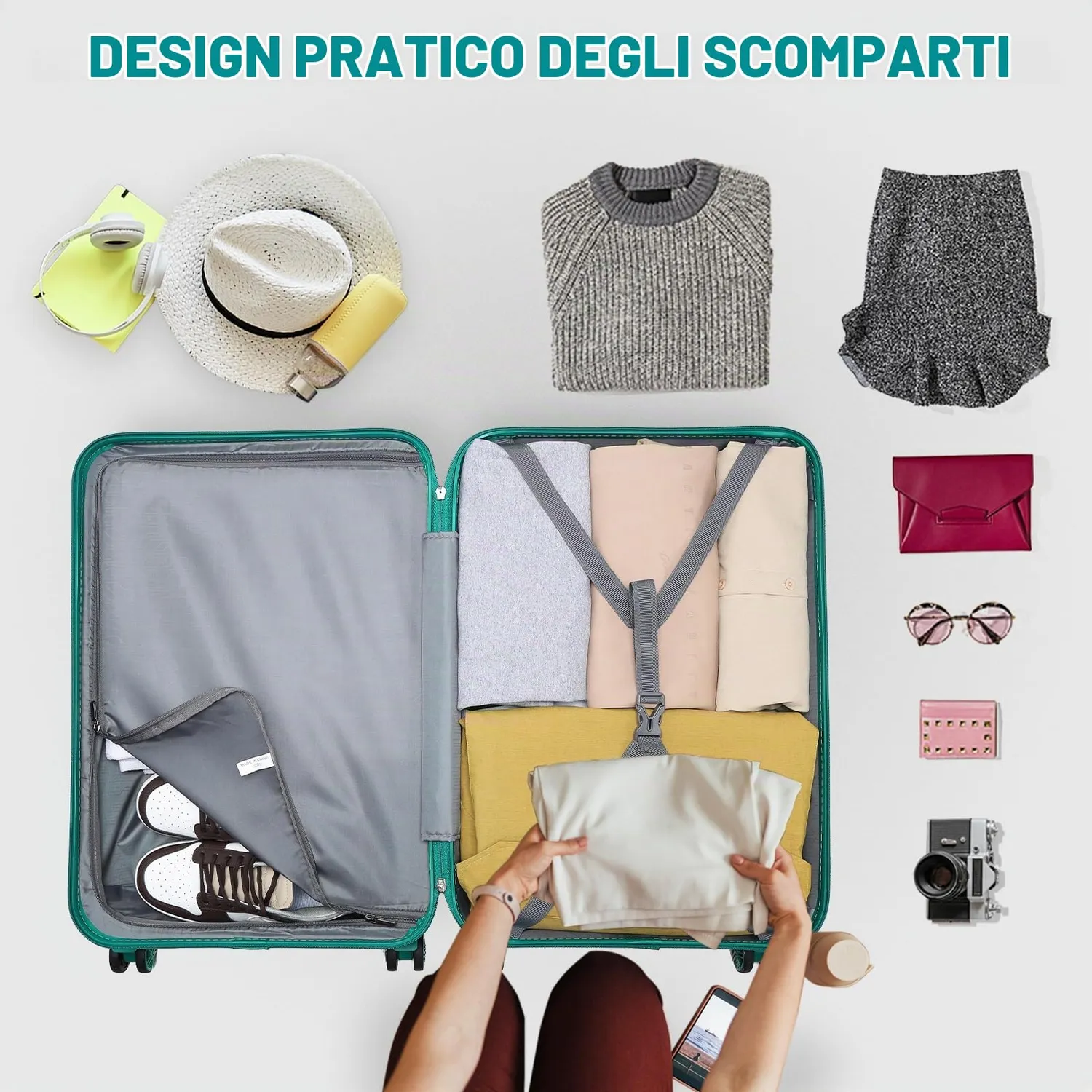 Kono set valigie 4 pezzi ABS turchese trolley TSA beauty
