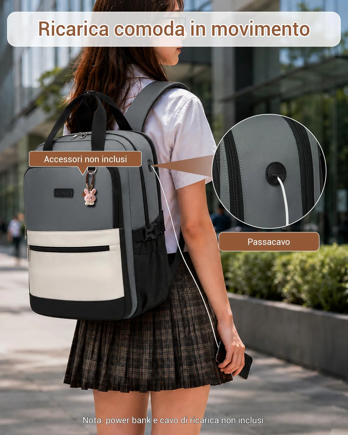 Kono zaino porta PC 15,6 pollici grigio/beige impermeabile