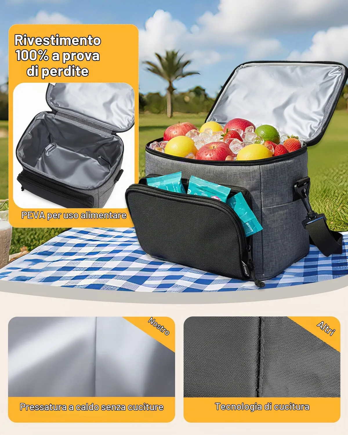 Kono Borsa Termica 9L Grigio Nero Porta Pranzo Isolata