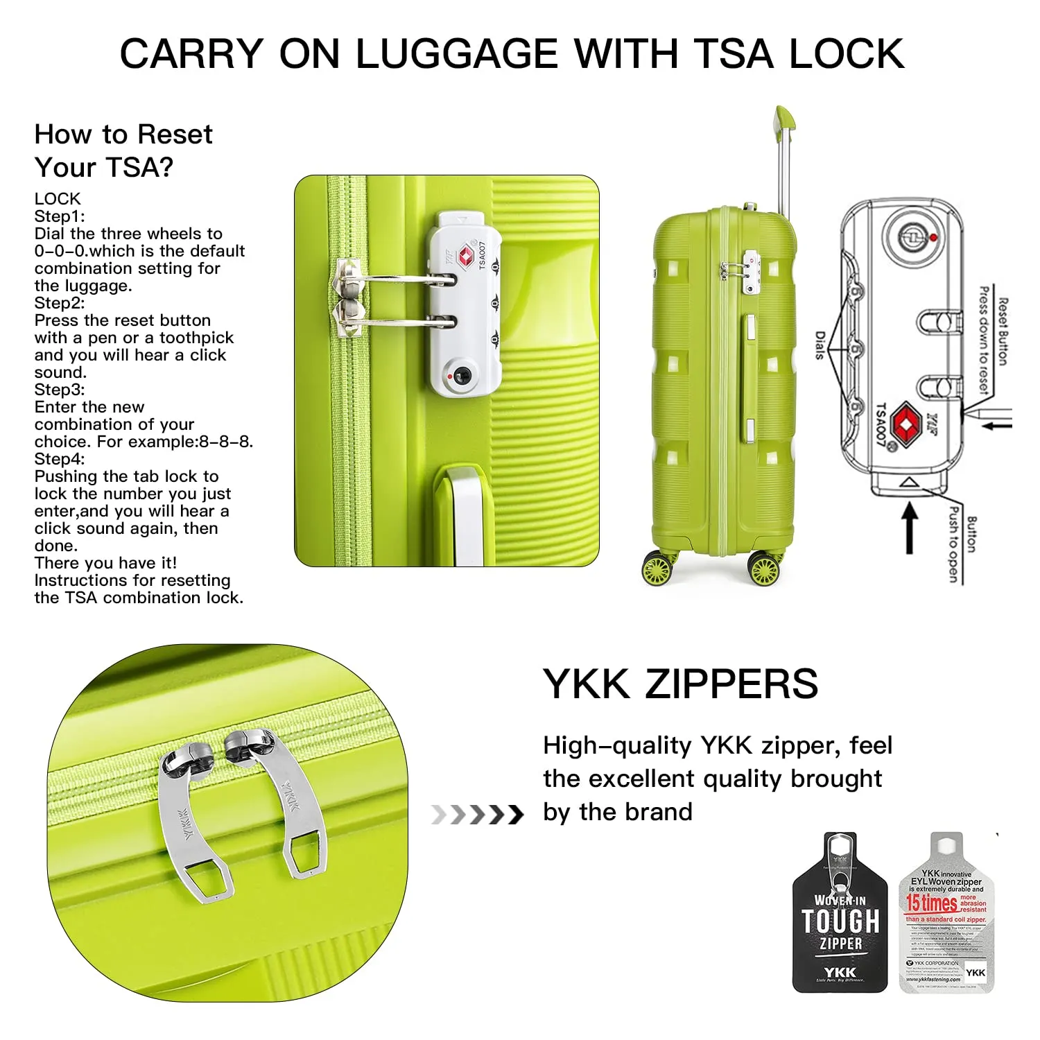 Kono Trolley Bagaglio a Mano 55cm 40L Verde rigido TSA