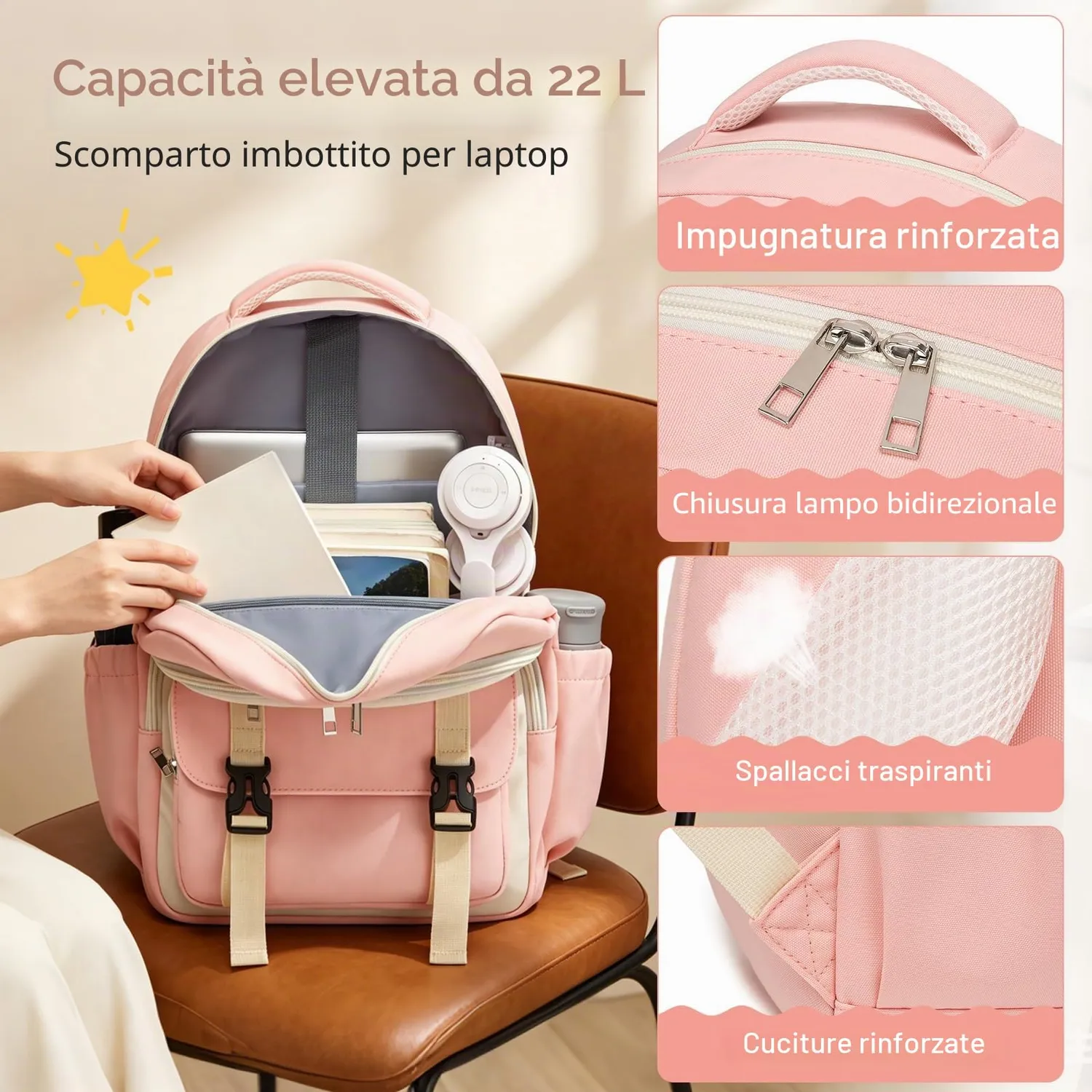 Kono Zaino Scuola 15,6 Pollici Rosa/Beige 30x17x45 cm