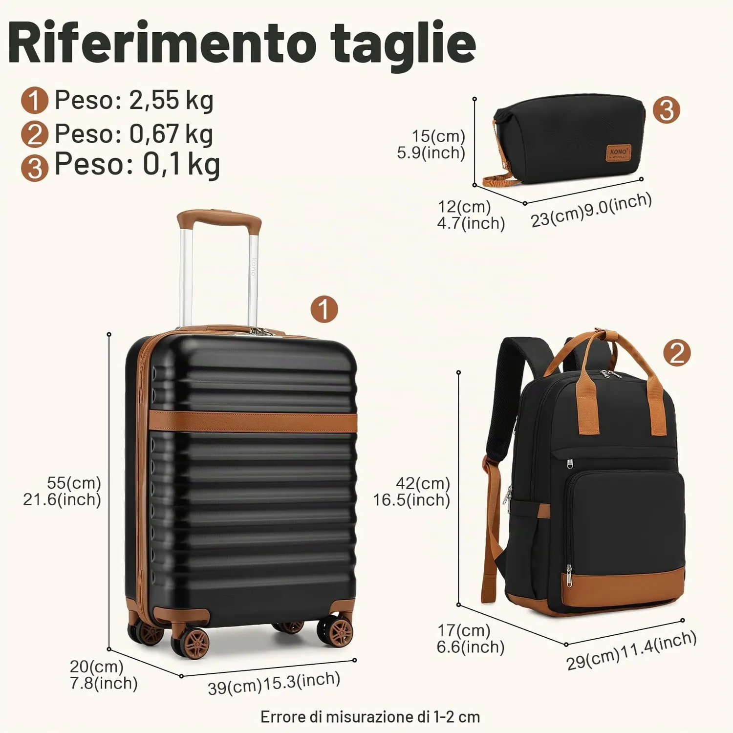 Kono Set Valigie 2 Pezzi Trolley Mano + Beauty nero marrone
