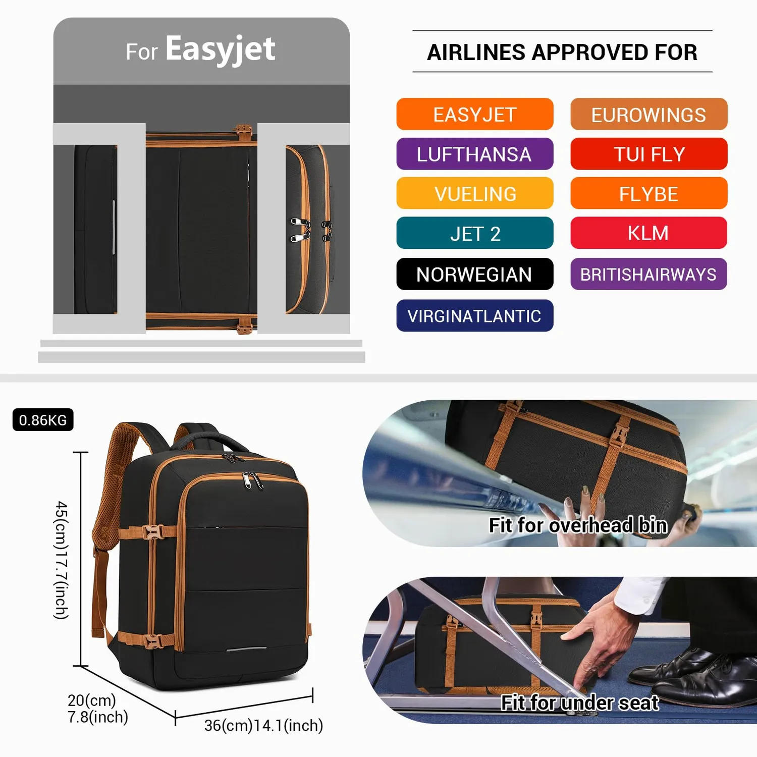 Kono EasyJet Zaino 45x36x20 30L nero marrone porta pc 15,6