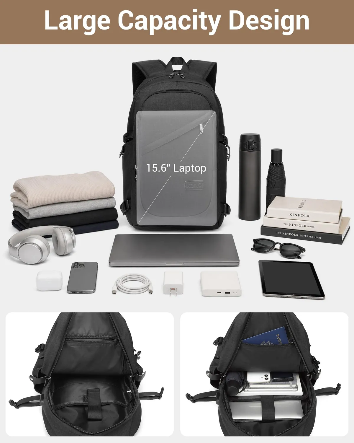 Kono Zaino Porta PC 15,6 Pollici Zaino Nero Antifurto USB