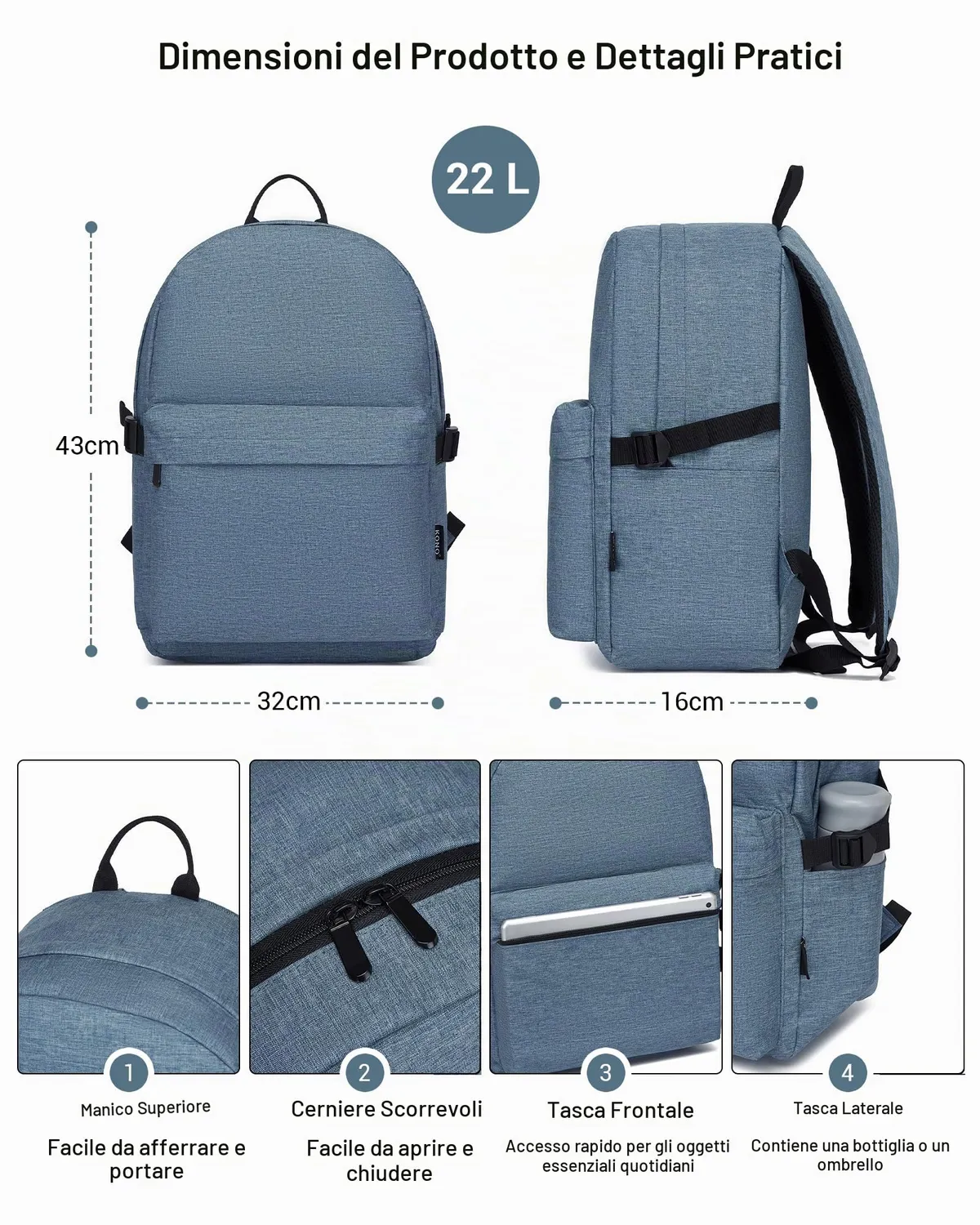 Kono zaino scuola leggero blu scuro 22L laptop 15,6"