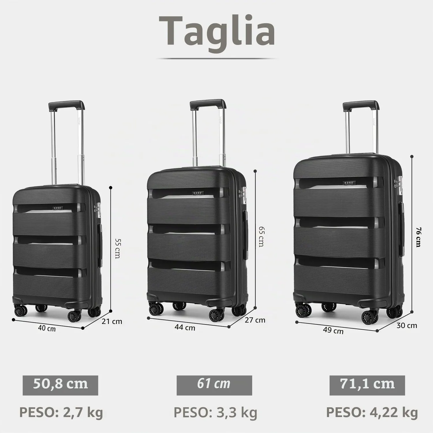 Kono trolley bagaglio a mano 55x41x20 rigido nero TSA