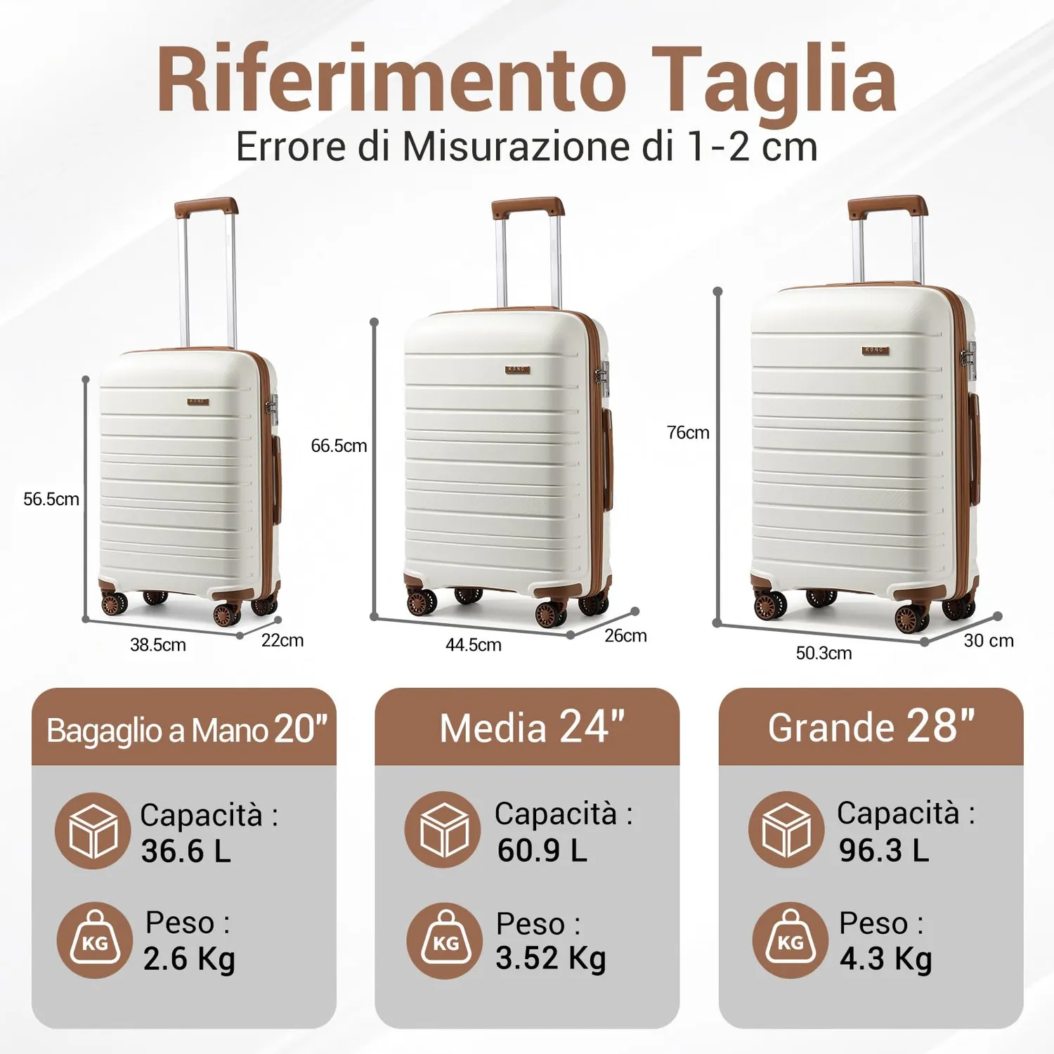 Kono set 3 valigie rigide PP crema marrone 56-76 cm