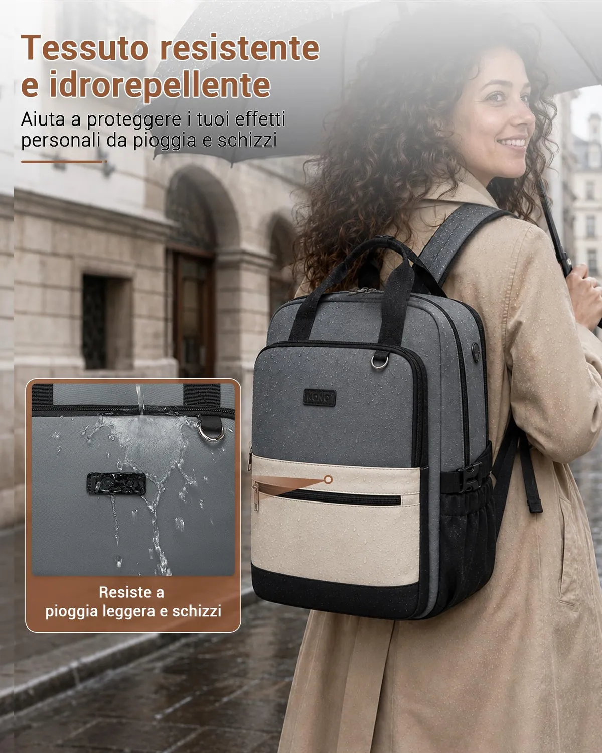 Kono zaino porta PC 15,6 pollici grigio/beige impermeabile