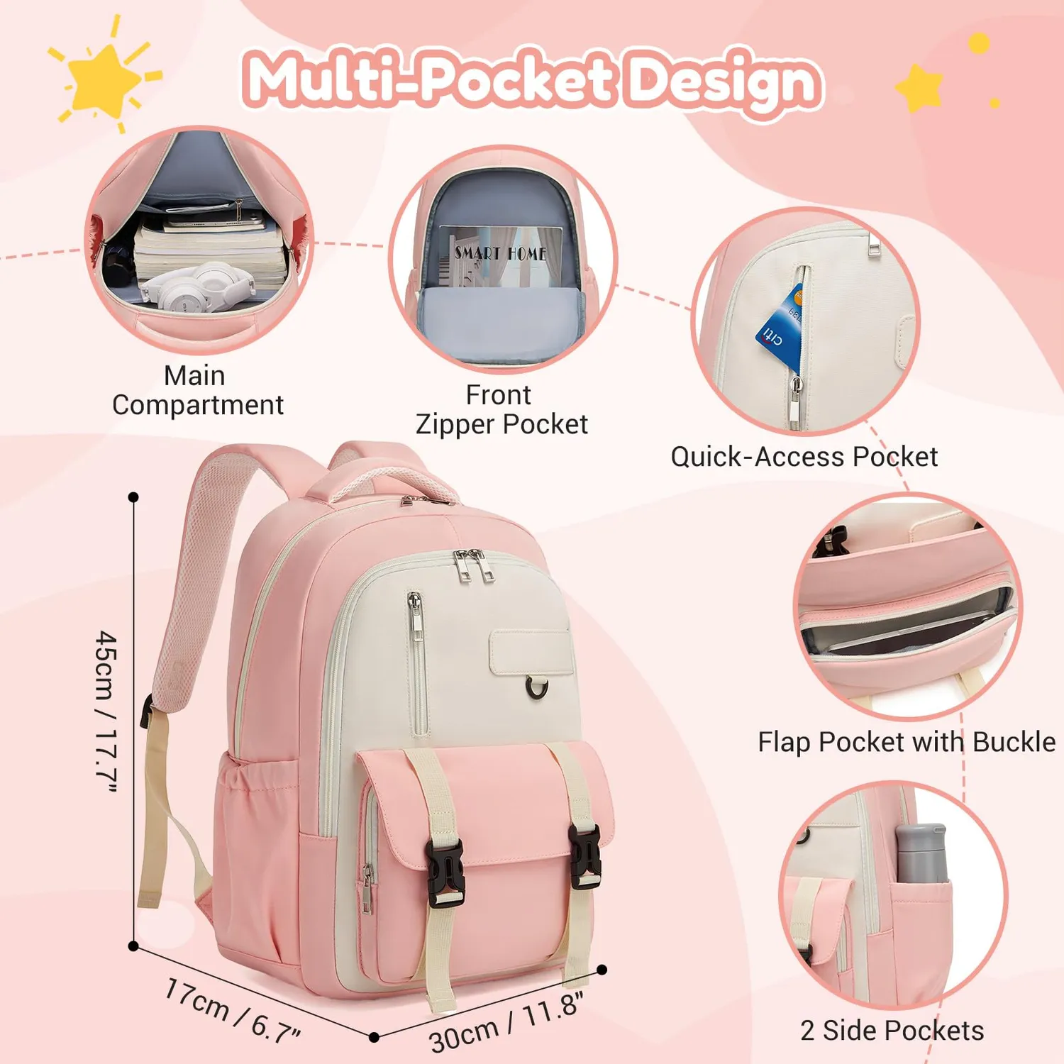 Kono Zaino Scuola 15,6 Pollici Rosa/Beige 30x17x45 cm