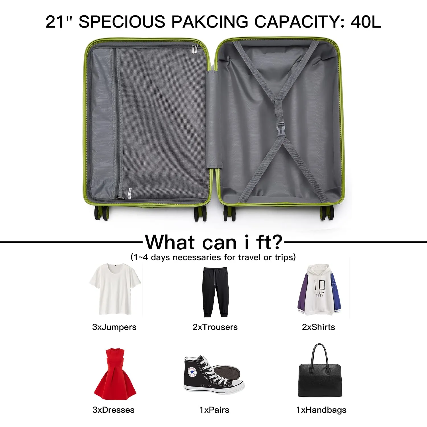 Kono Trolley Bagaglio a Mano 55cm 40L Verde rigido TSA