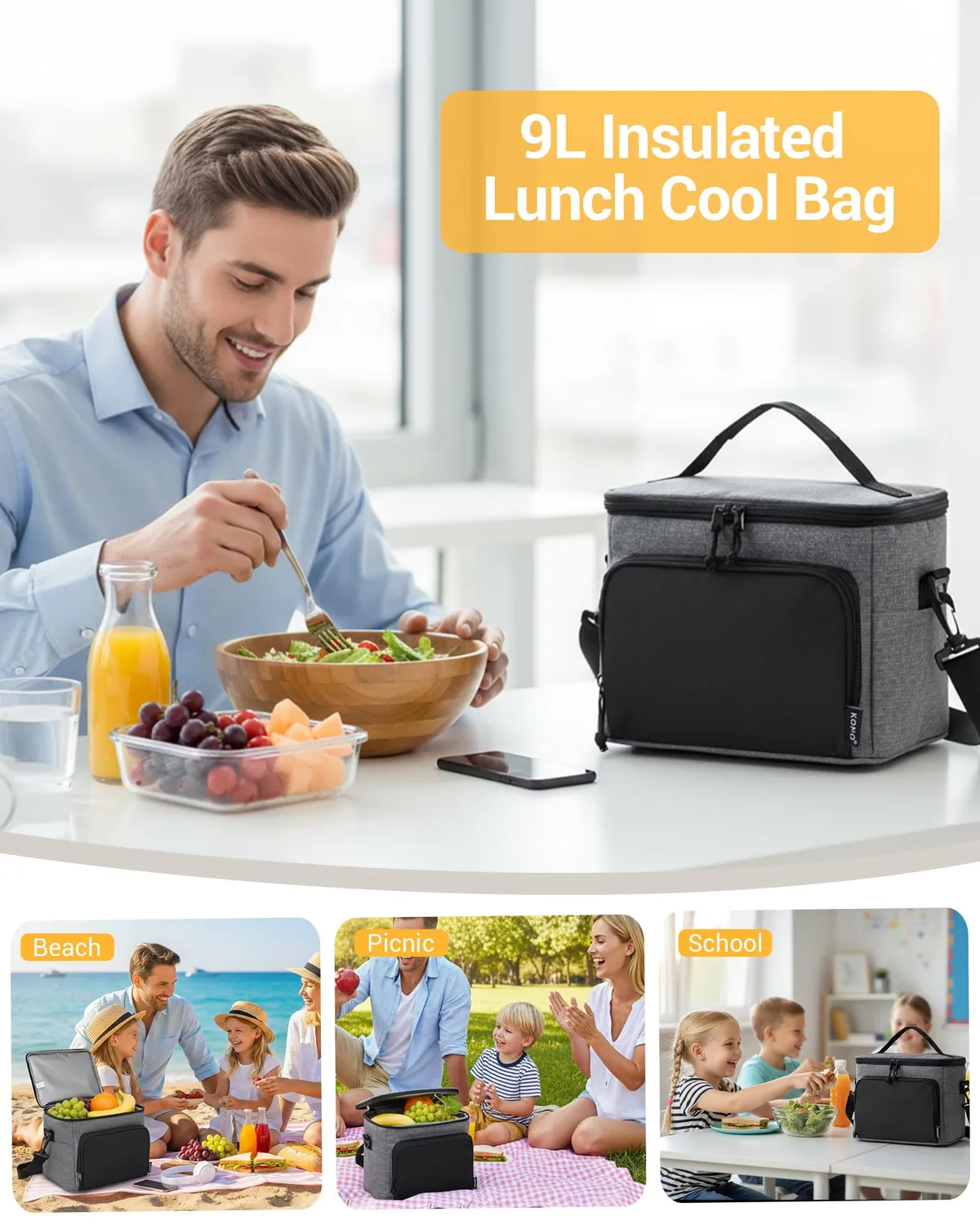 Kono Borsa Termica 9L Grigio Nero Porta Pranzo Isolata