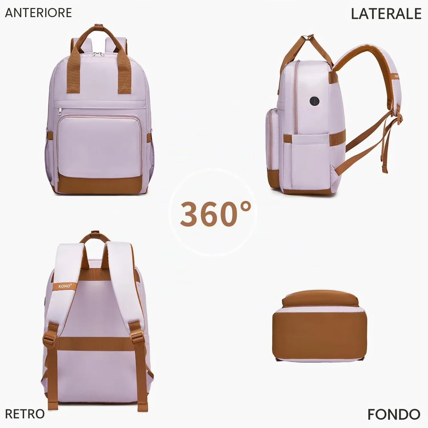 Kono Zaino Porta PC 15,6" Antifurto USB Viola/Marrone