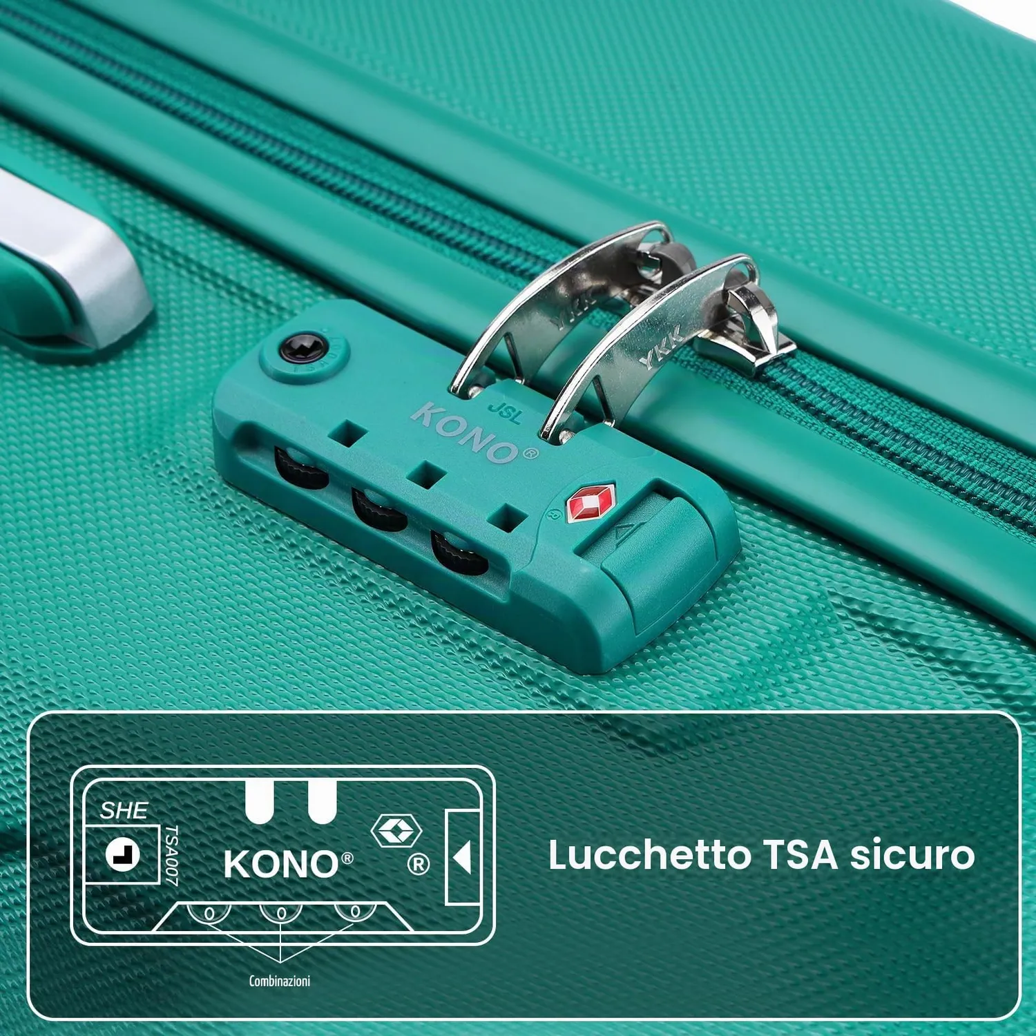 Kono set valigie 4 pezzi ABS turchese trolley TSA beauty