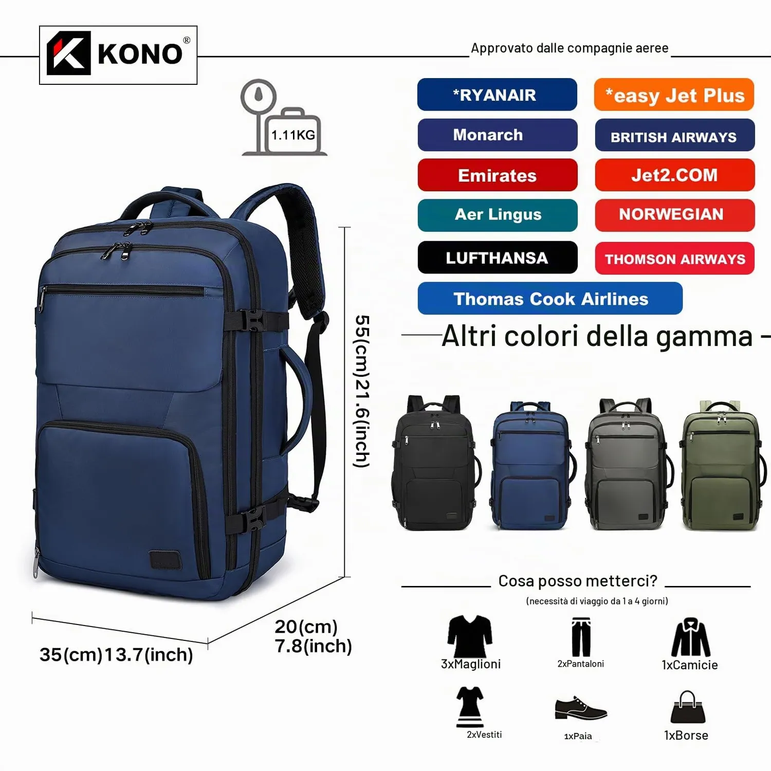 Kono Zaino Viaggio 55x35x20 bagaglio mano blu 38L