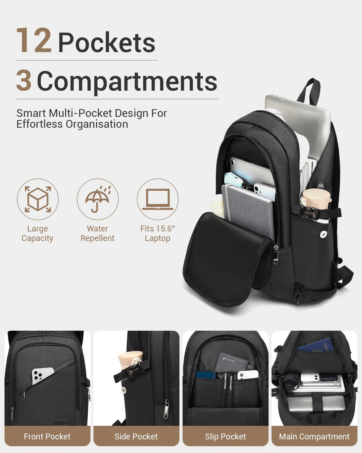 Kono Zaino Porta PC 15,6 Pollici Zaino Nero Antifurto USB
