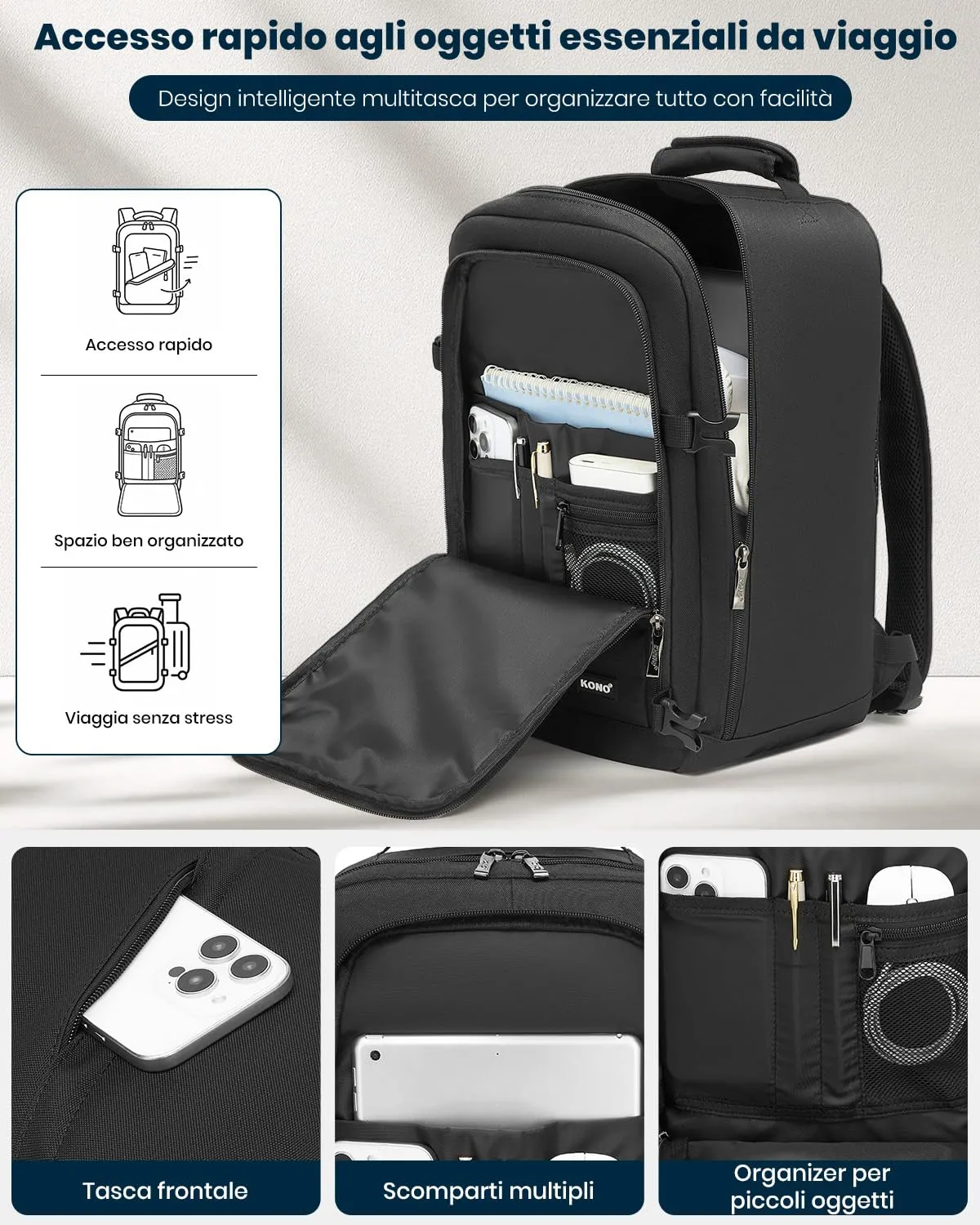 Kono Ryanair 40x20x25 zaino bagaglio mano nero 20L