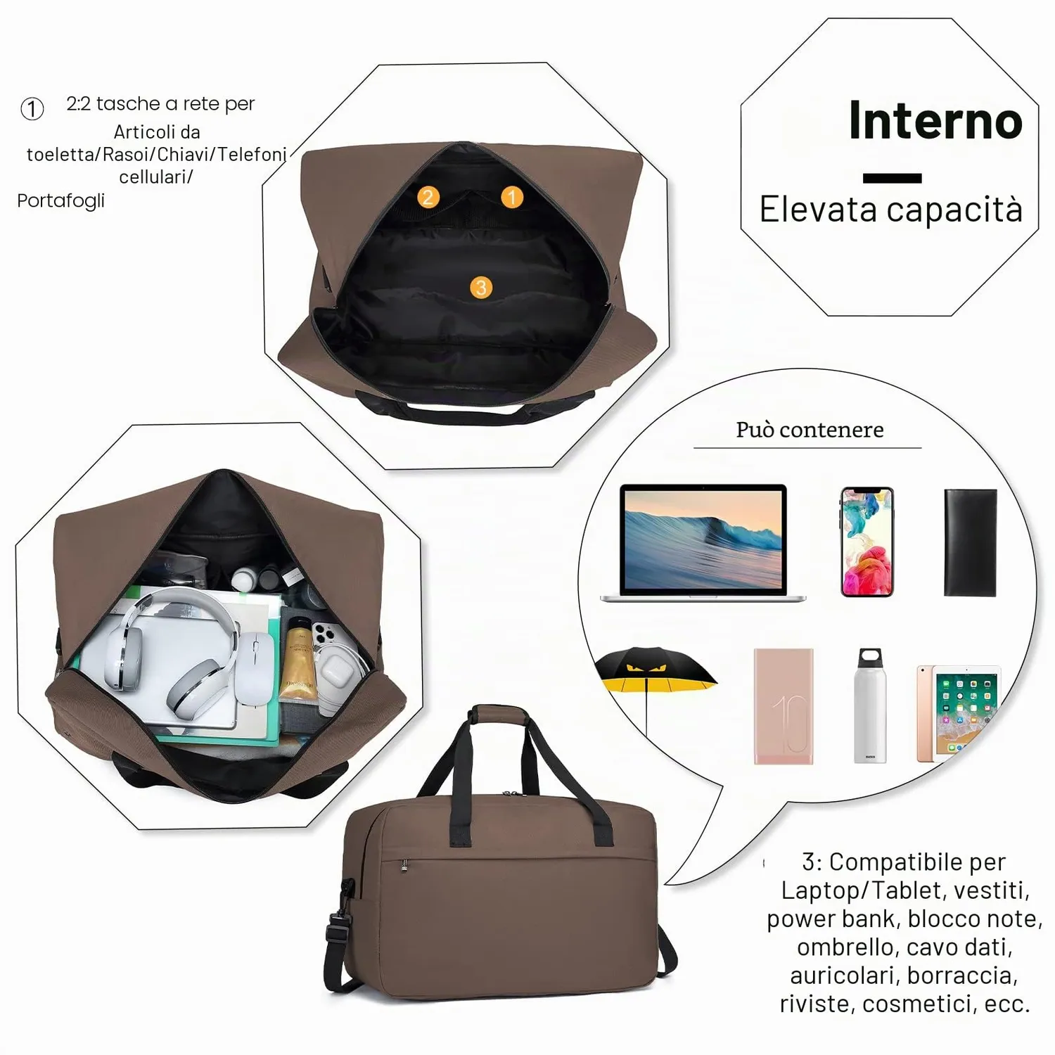 Kono Borsa da Viaggio 55x35x25cm Marrone 38L Leggera