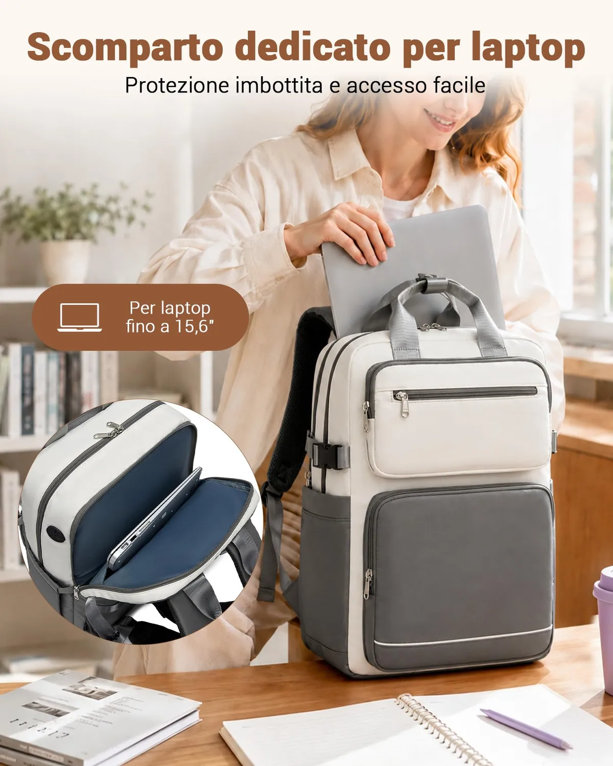 Kono 15,6 Pollici zaino porta PC beige/grigio impermeabile