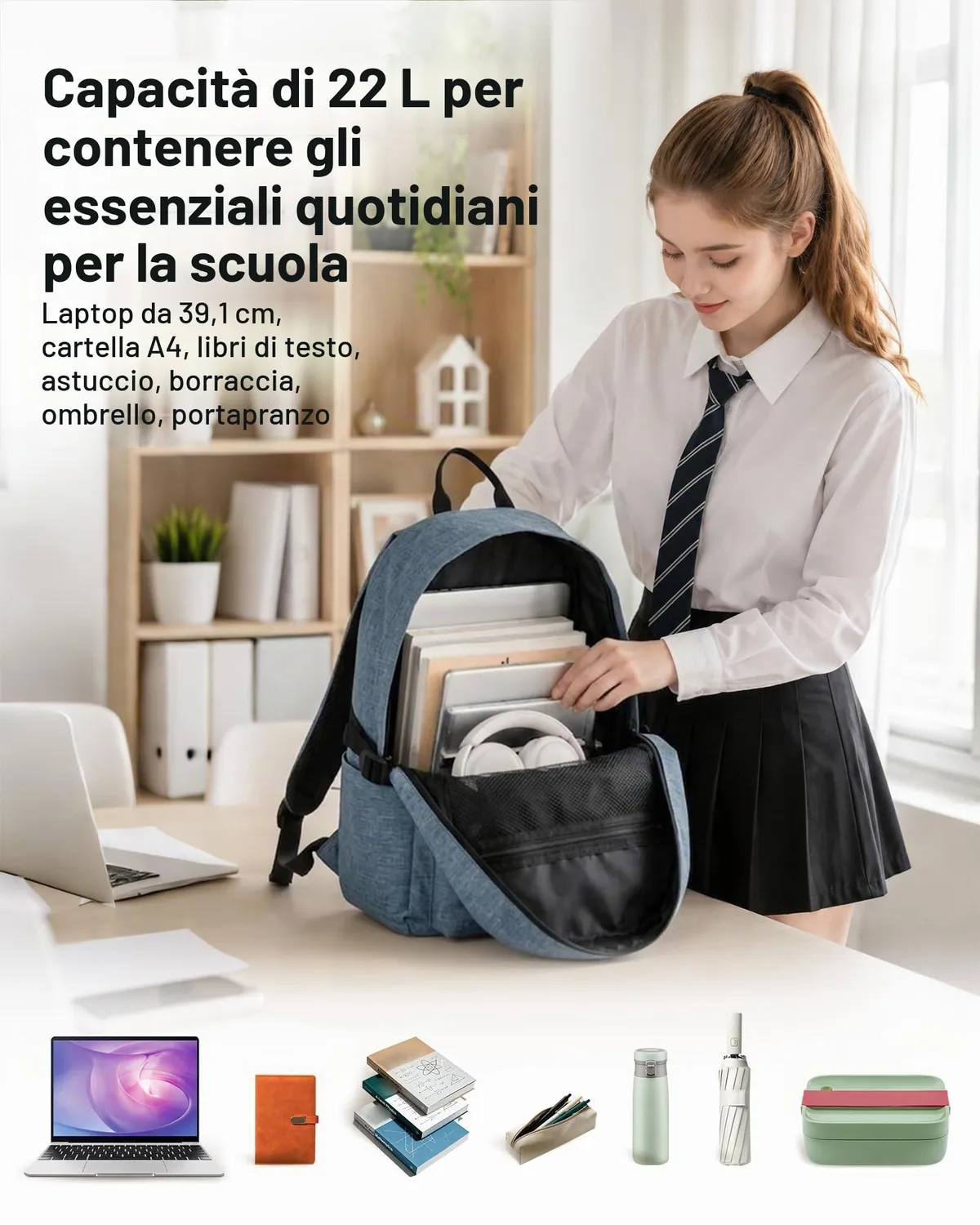 Kono zaino scuola leggero blu scuro 22L laptop 15,6"