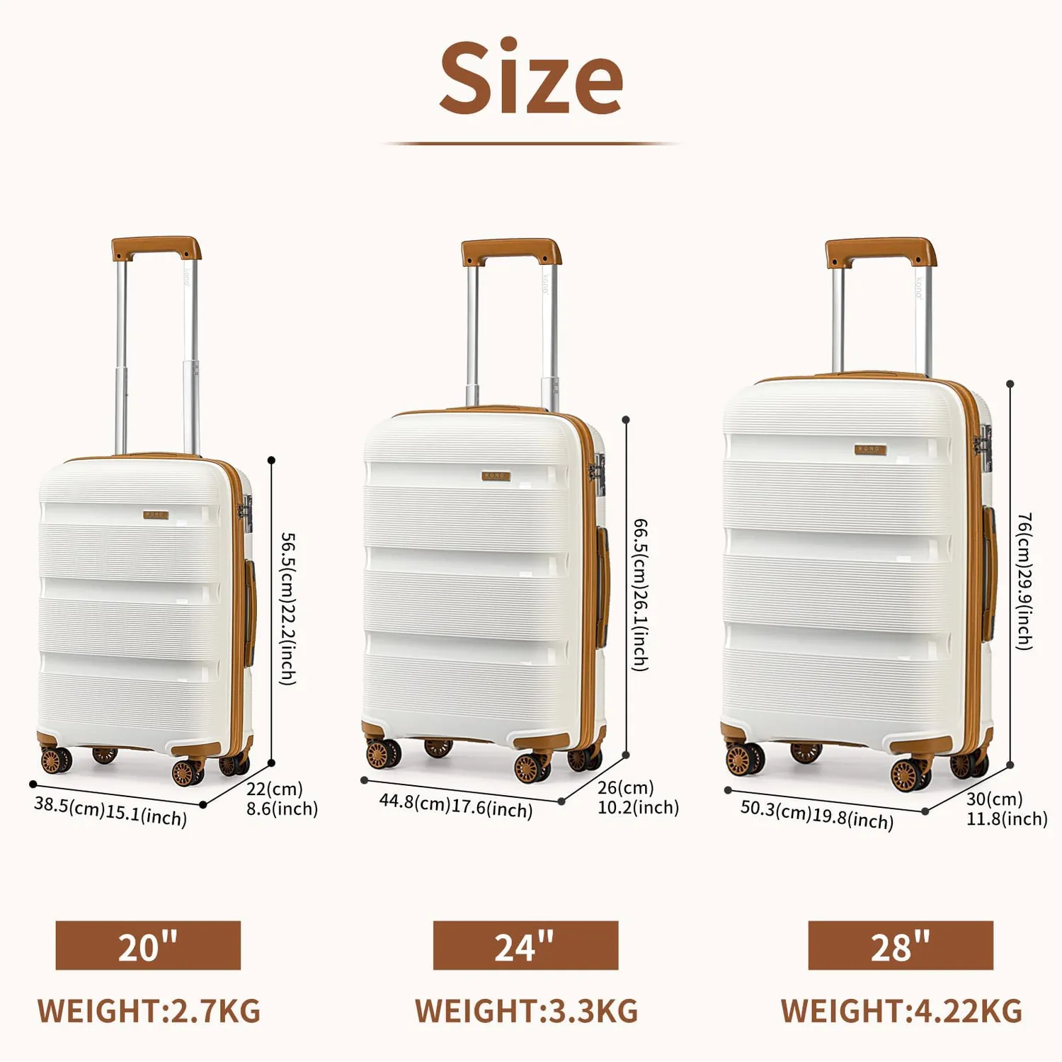 Kono Set Valigie 3 Pezzi rigide bianco crema 55+65+76cm