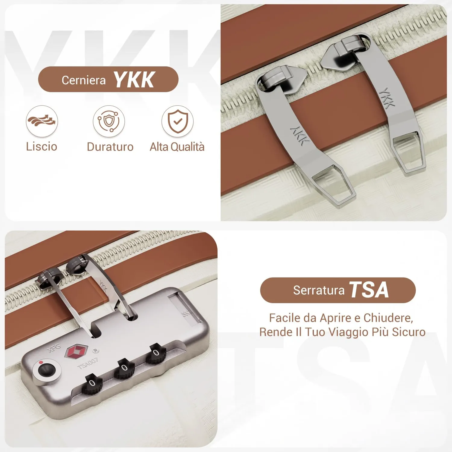 Kono set 3 valigie rigide PP crema marrone 56-76 cm